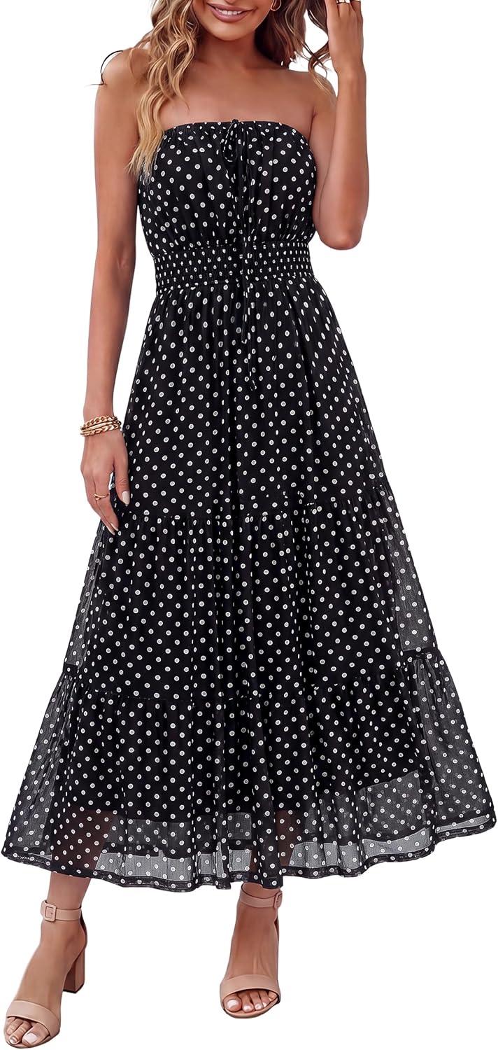 Simplee Women's Summer Maxi Dresses 2026 Elegant Strapless Boho Floral Mesh Vacation Beach Dress Wedding Guest Dresses