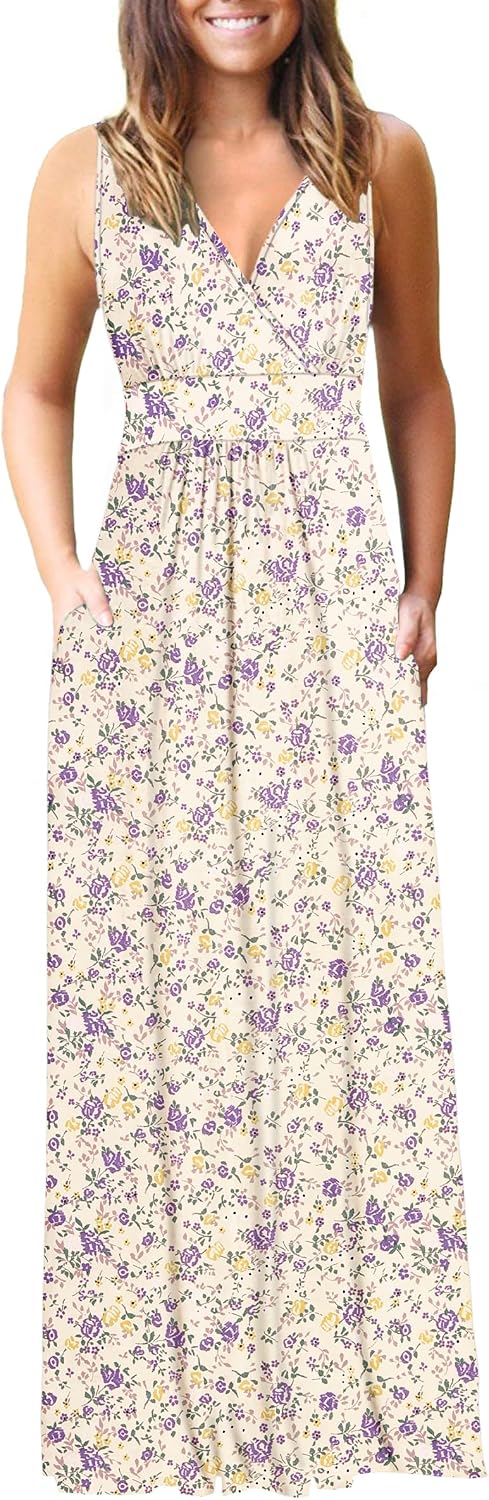 AUSELILY Maxi Dresses for Women Summer Casual Sleeveless V Neck Wrap Dress | Sleeveless Long maxi dress with wrap V neck & side pockets, for formal cocktail, beach & casual daily wear