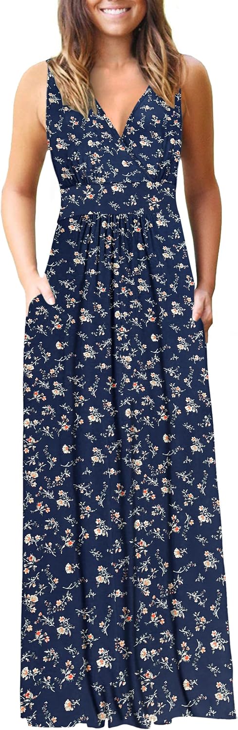 AUSELILY Maxi Dresses for Women Summer Casual Sleeveless V Neck Wrap Dress | Sleeveless Long maxi dress with wrap V neck & side pockets, for formal cocktail, beach & casual daily wear