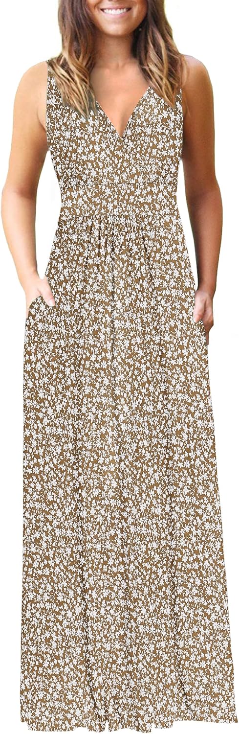 AUSELILY Maxi Dresses for Women Summer Casual Sleeveless V Neck Wrap Dress | Sleeveless Long maxi dress with wrap V neck & side pockets, for formal cocktail, beach & casual daily wear