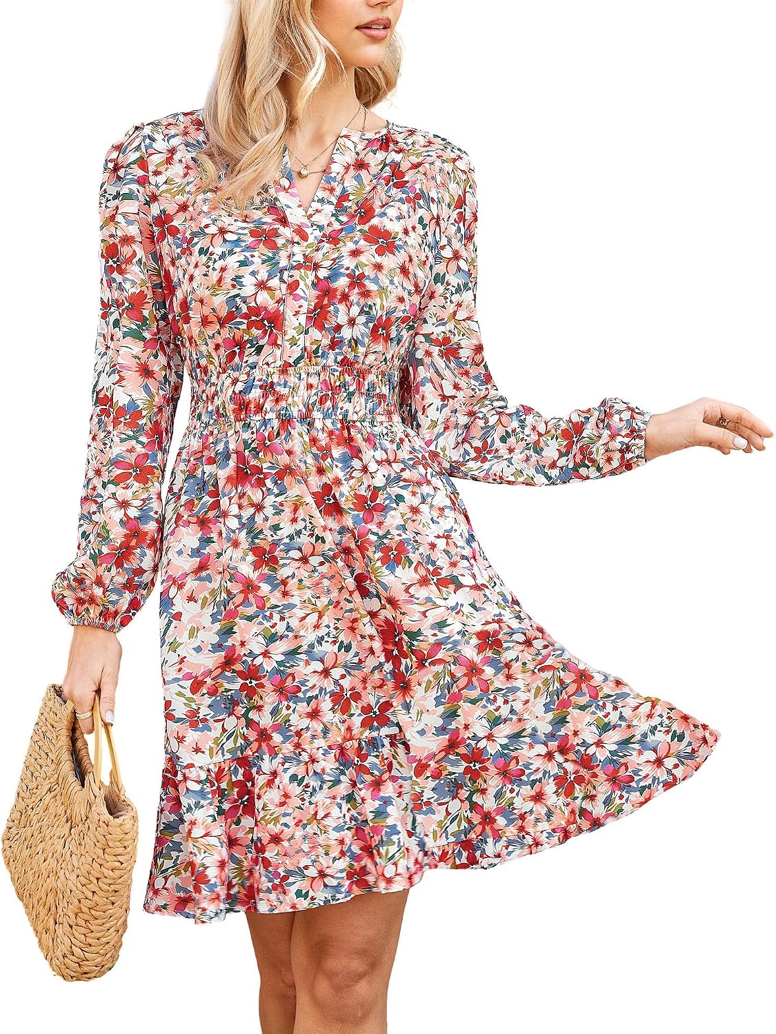 GRACE KARIN Women's V-Neck A-Line Knee Length Dress with Pockets | Smocked Waist for Tummy Control, Breathable Opaque Fabric, Hidden Side Pockets, Versatile for Work\/Weddings