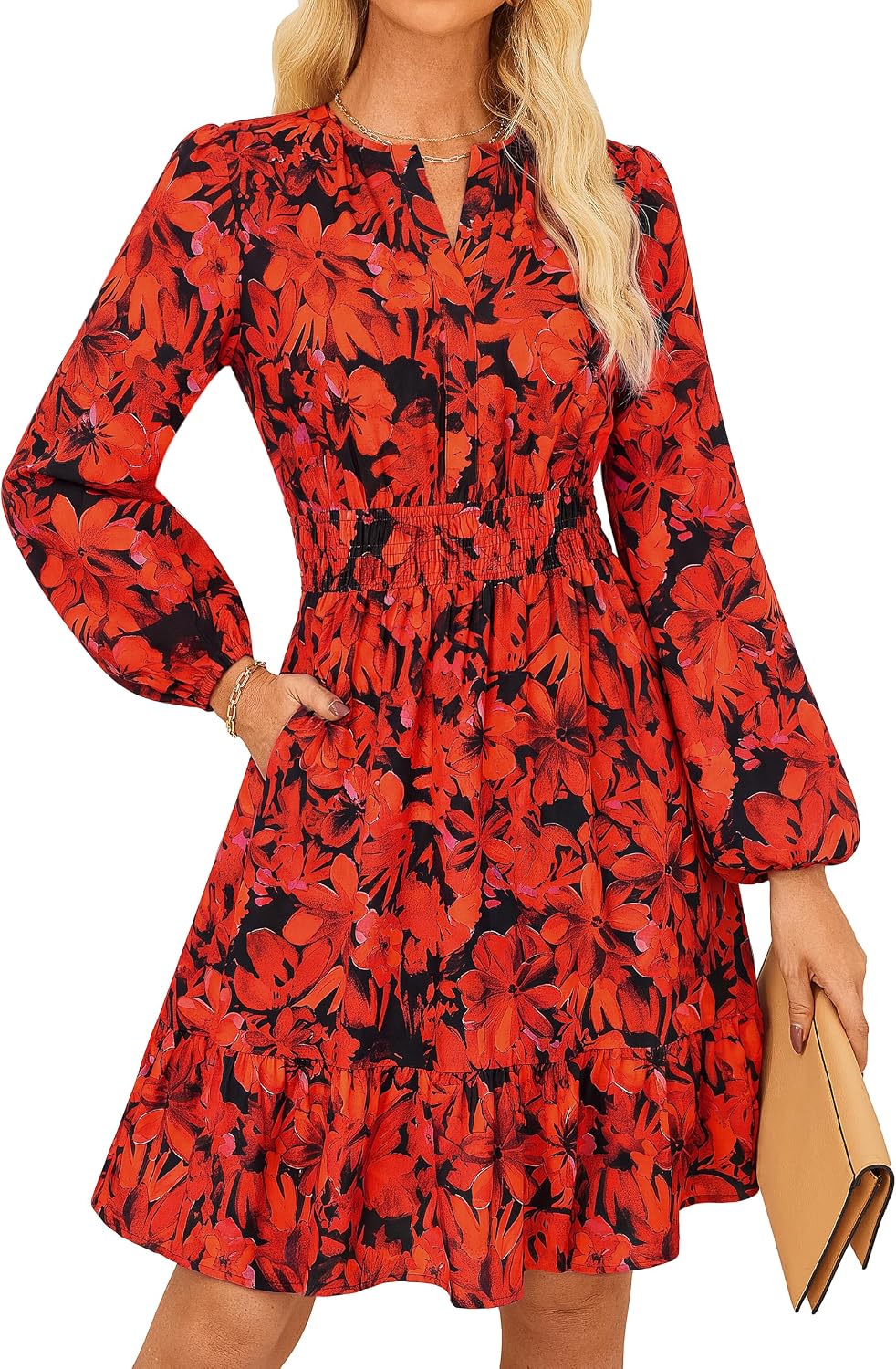 GRACE KARIN Women's V-Neck A-Line Knee Length Dress with Pockets | Smocked Waist for Tummy Control, Breathable Opaque Fabric, Hidden Side Pockets, Versatile for Work\/Weddings