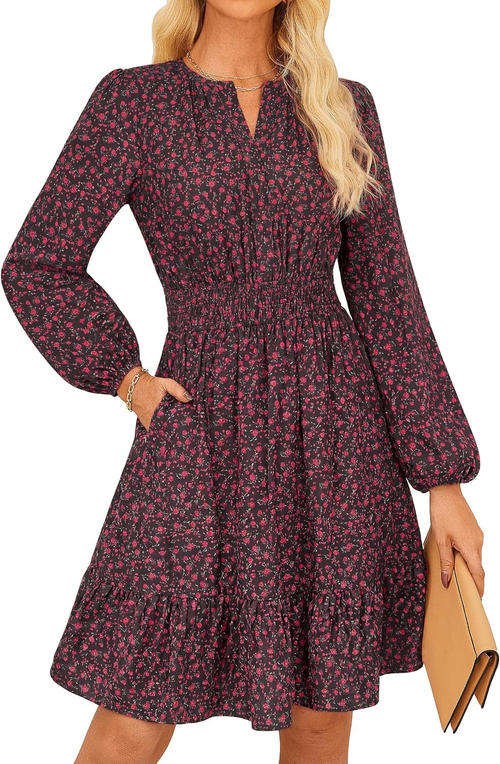 GRACE KARIN Women's V-Neck A-Line Knee Length Dress with Pockets | Smocked Waist for Tummy Control, Breathable Opaque Fabric, Hidden Side Pockets, Versatile for Work\/Weddings